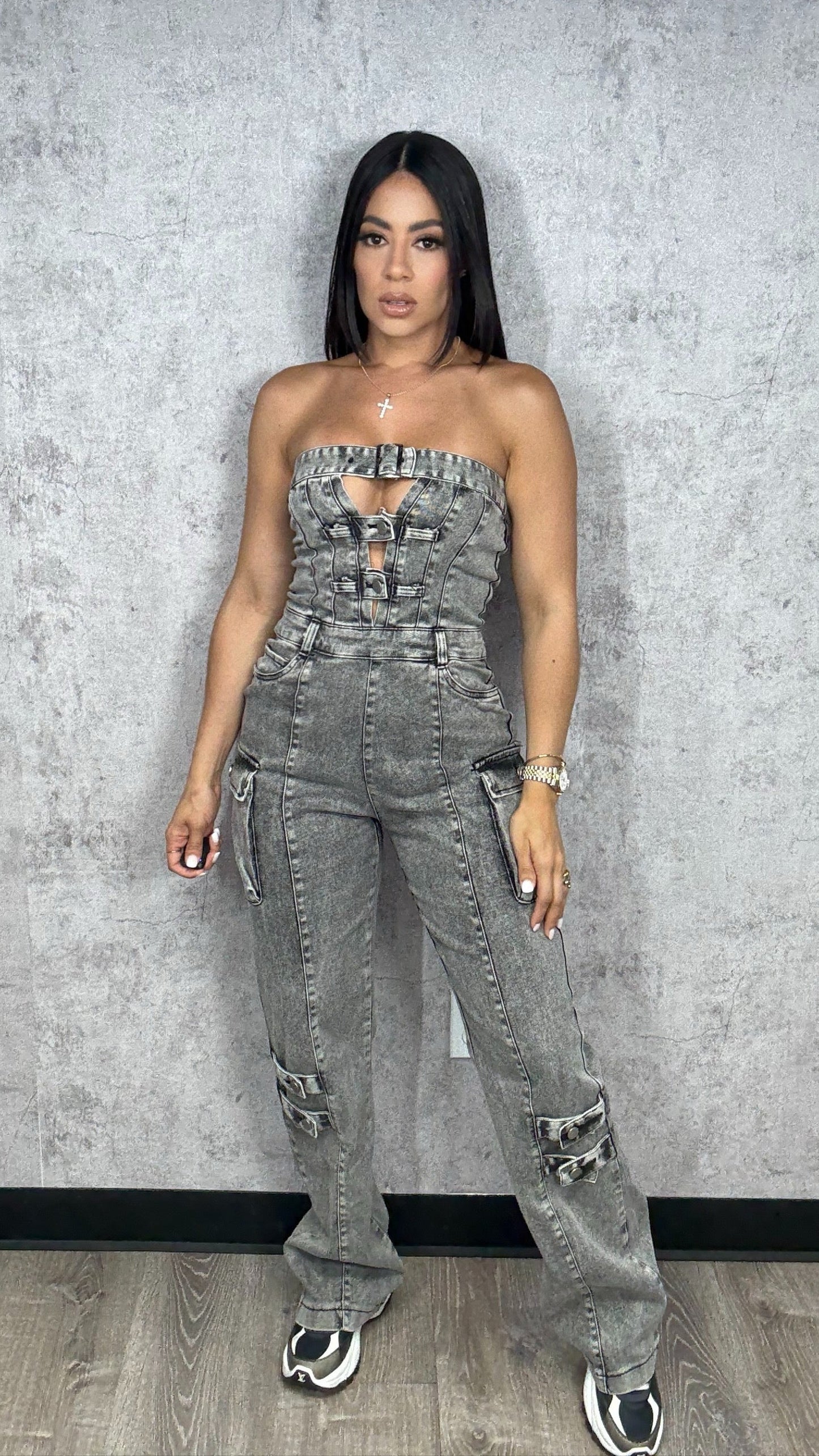 Open Front Cargo Denim Jumpsuit Black