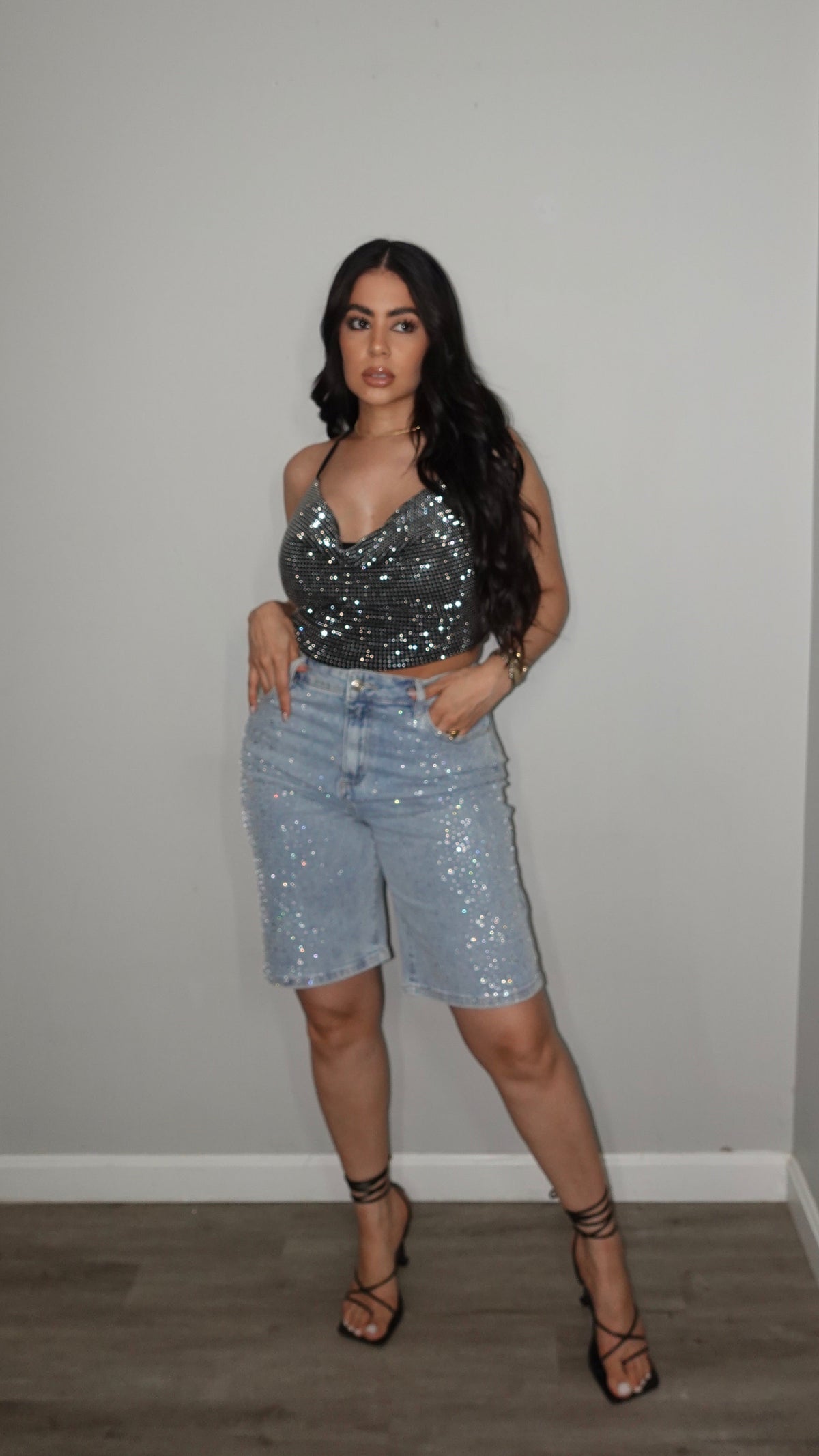 RHINESTONE DENIM JORT PANTS
