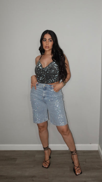 RHINESTONE DENIM JORT PANTS