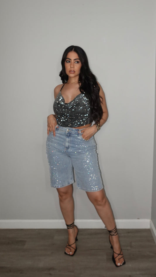 RHINESTONE DENIM JORT PANTS