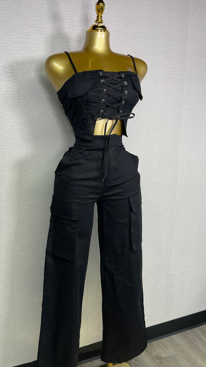 LACE UP BLACK PANTS SET
