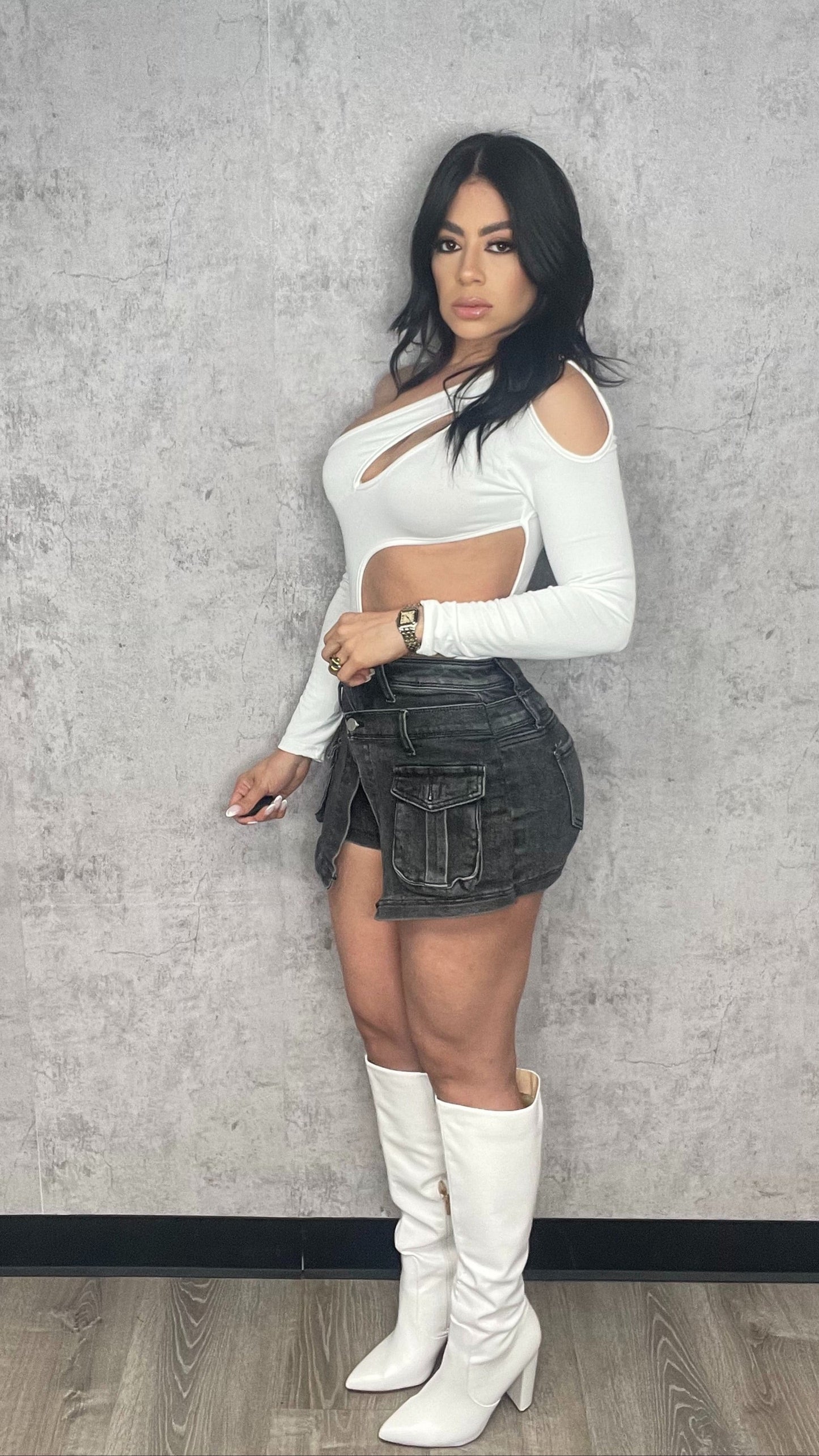 DOUBLE WAIST DENIM SKORT BLACK