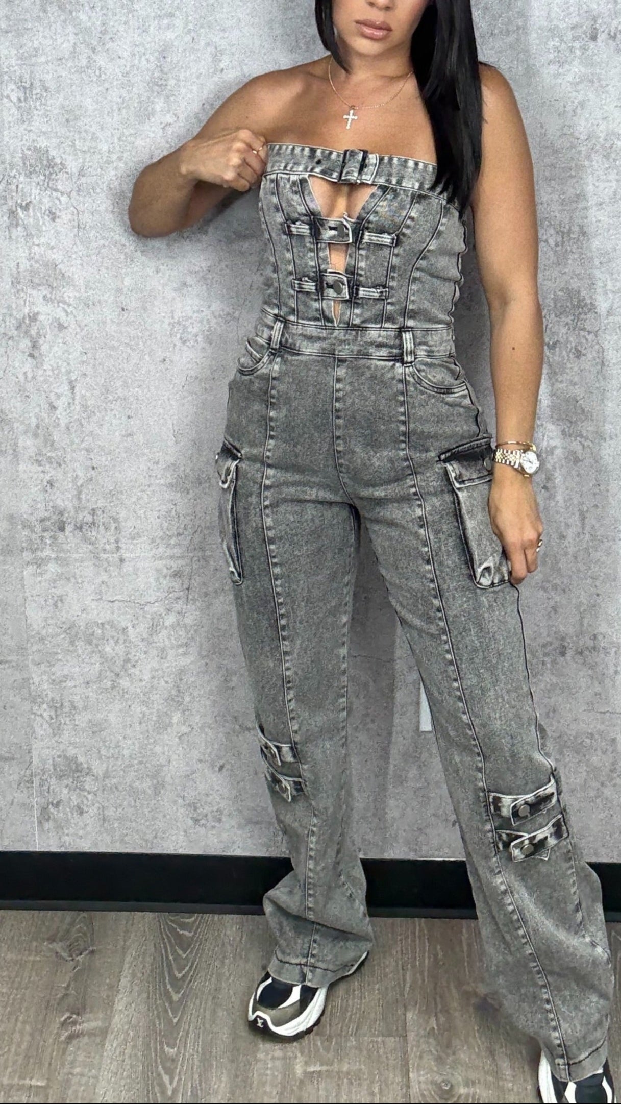 Open Front Cargo Denim Jumpsuit Black