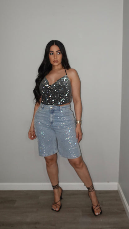 RHINESTONE DENIM JORT PANTS