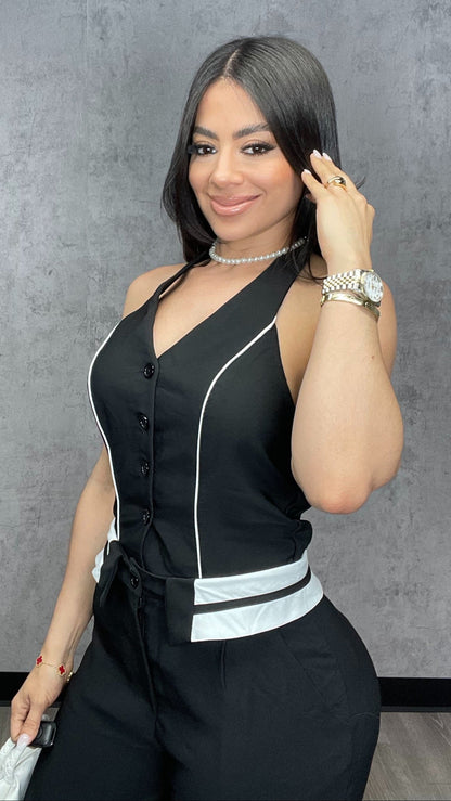Twill Halter Neck Jumpsuits Black