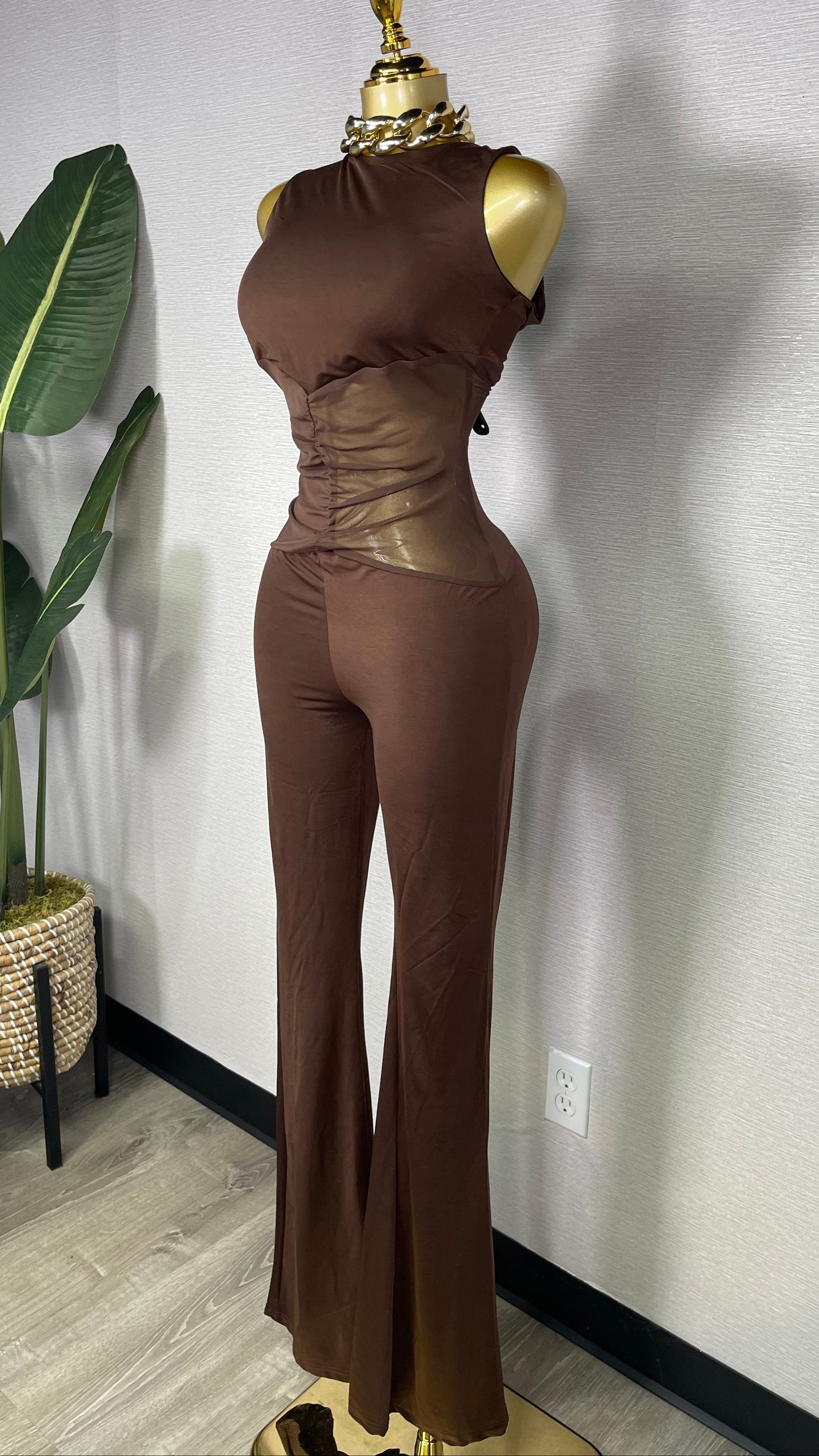 MESH BROWN JUMPSUIT