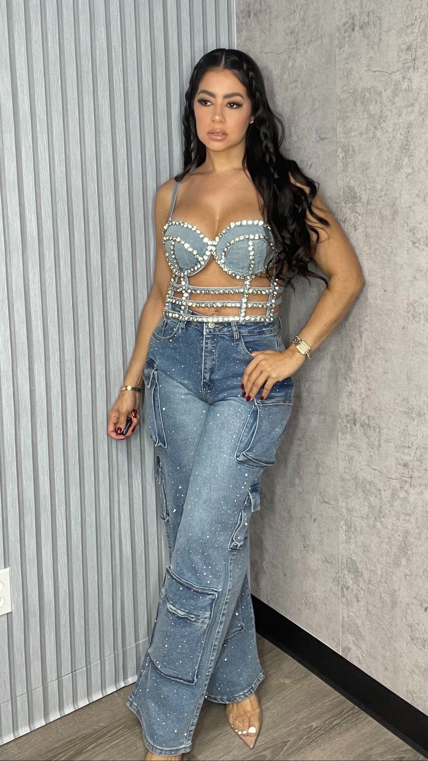 Rhinestone Bustier Denim