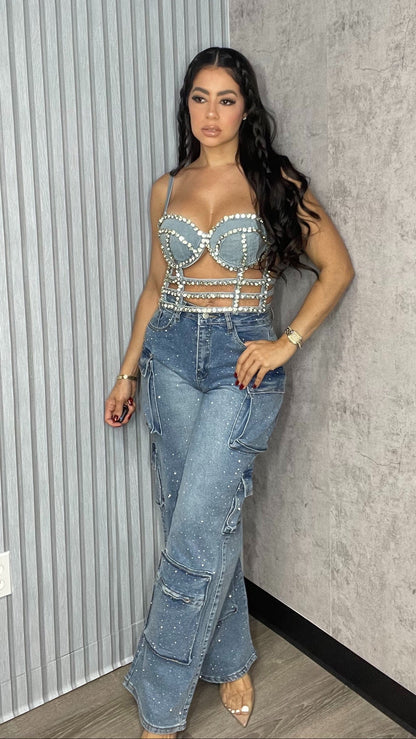 Rhinestone Bustier Denim