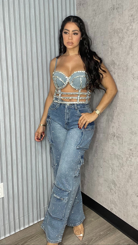 Rhinestone Bustier Denim