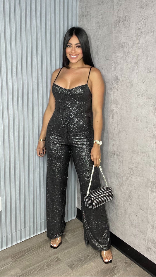 Glitter Bodysuit Pants Set Black