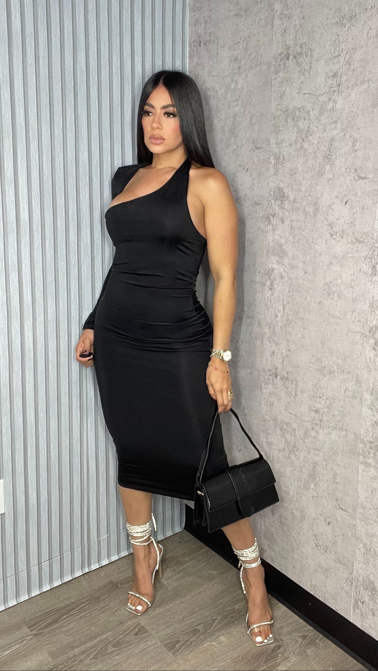 One Sleeve Black Mini Dress