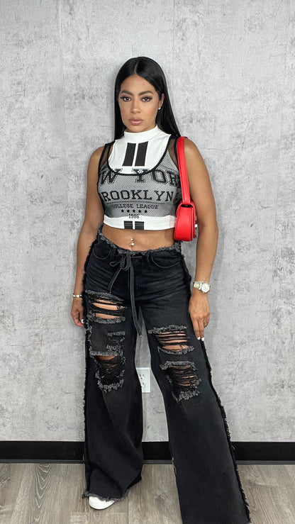 Drawstring Waist Distressed Wide Jeans Black