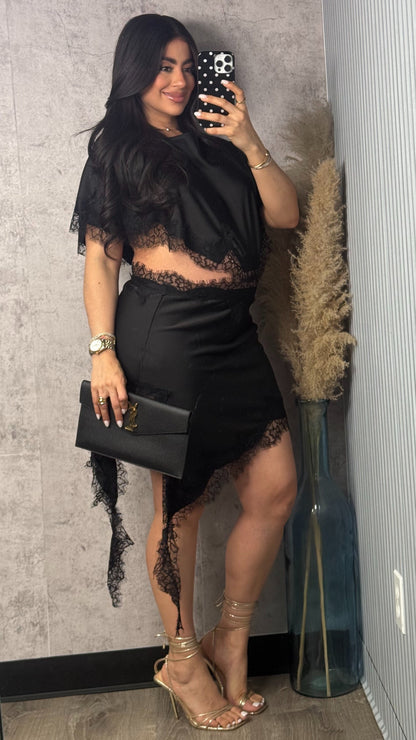 PENELOPE BLACK SATIN AND LACE DRESS