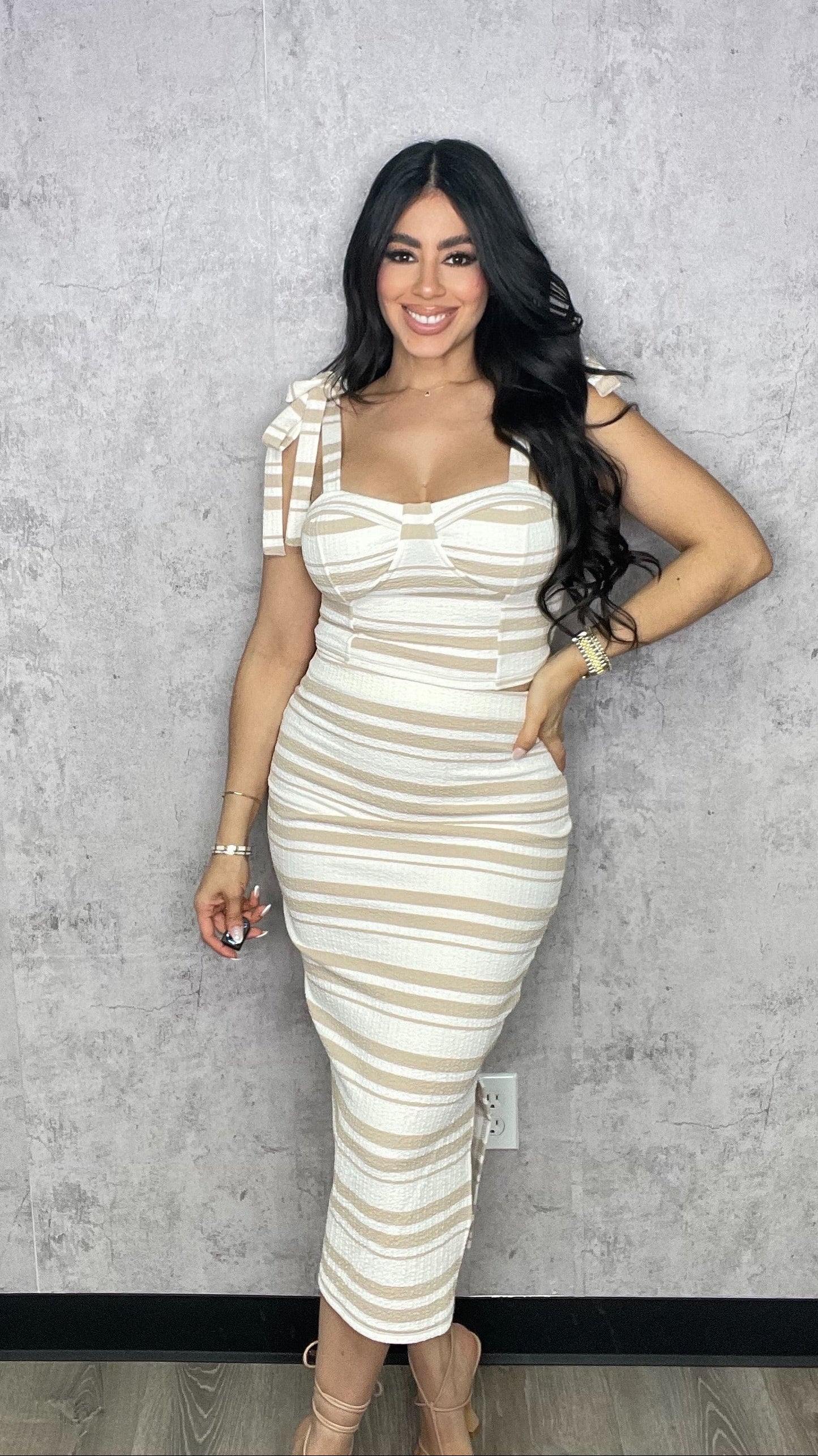 Bow Tie Top and Skirt Set Nude