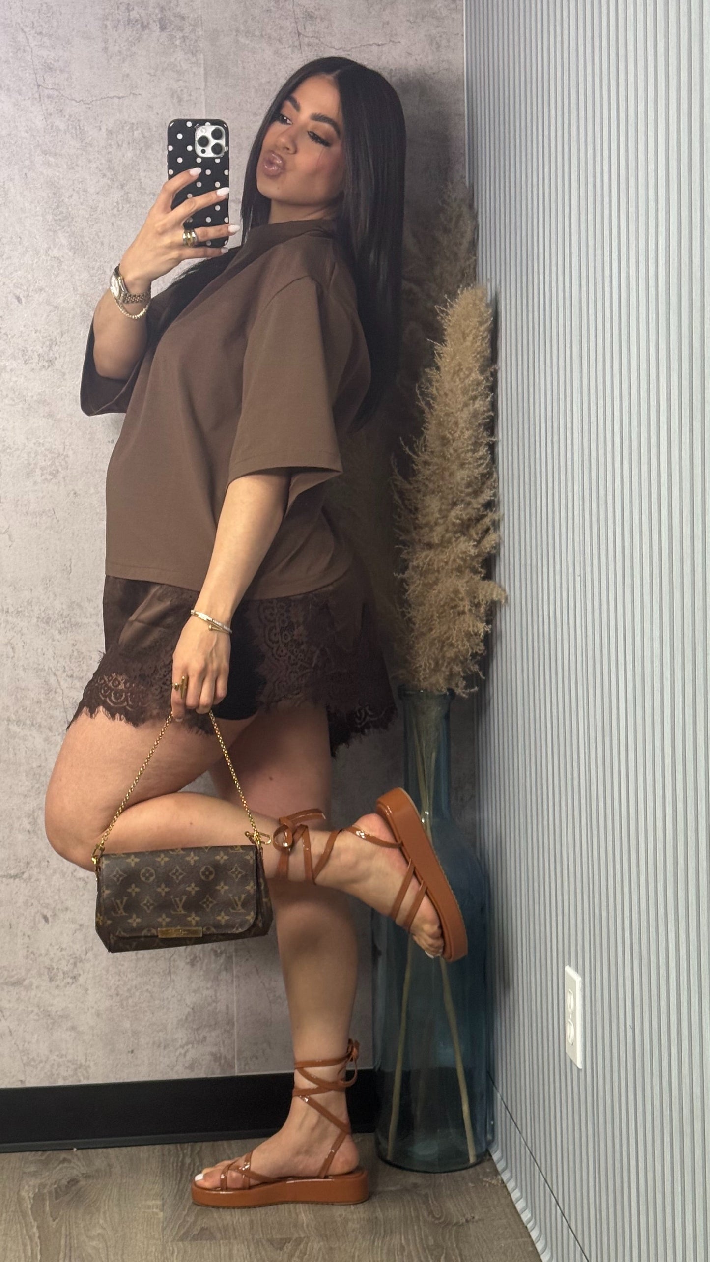 OVER SIZED SHIRT DRESS W LACE BUTTER BROWN