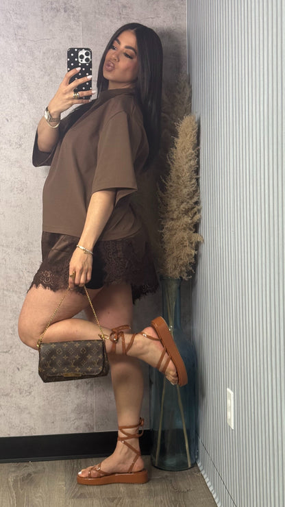 OVER SIZED SHIRT DRESS W LACE BUTTER BROWN