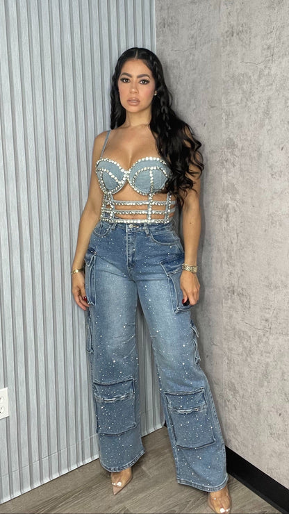 Rhinestone Bustier Denim