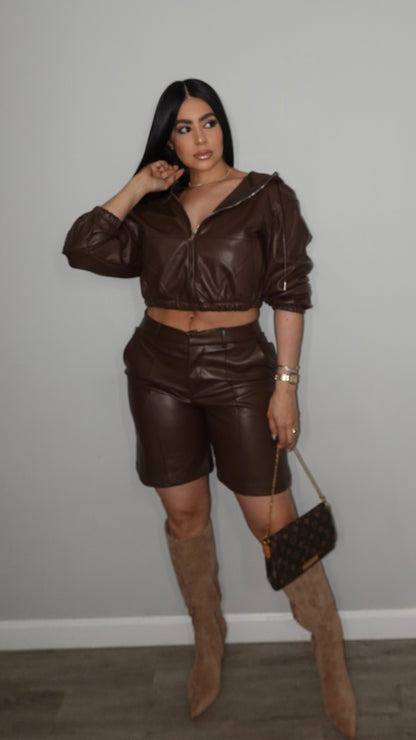 TAMARA LEATHER JACKET AND BERMUDA SET BROWN