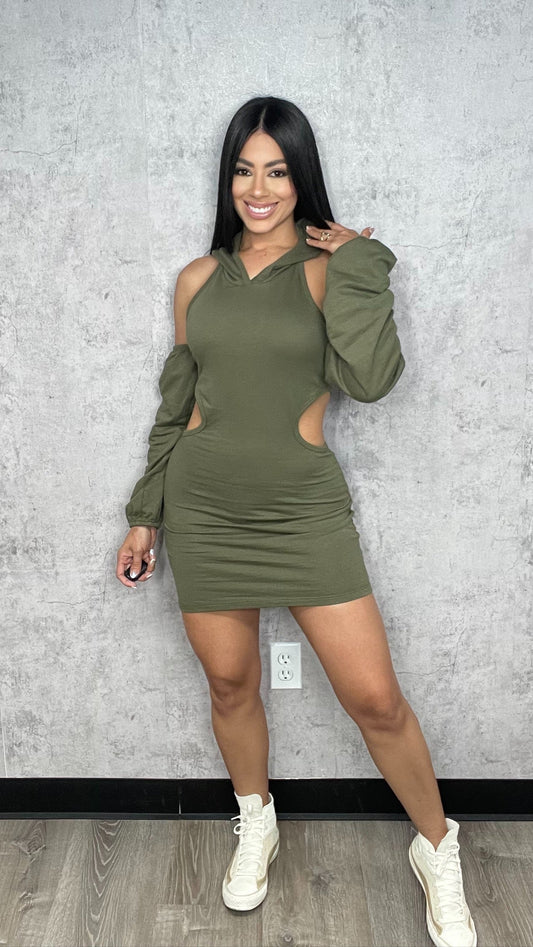 Hoodie Cut Out Dress Olive