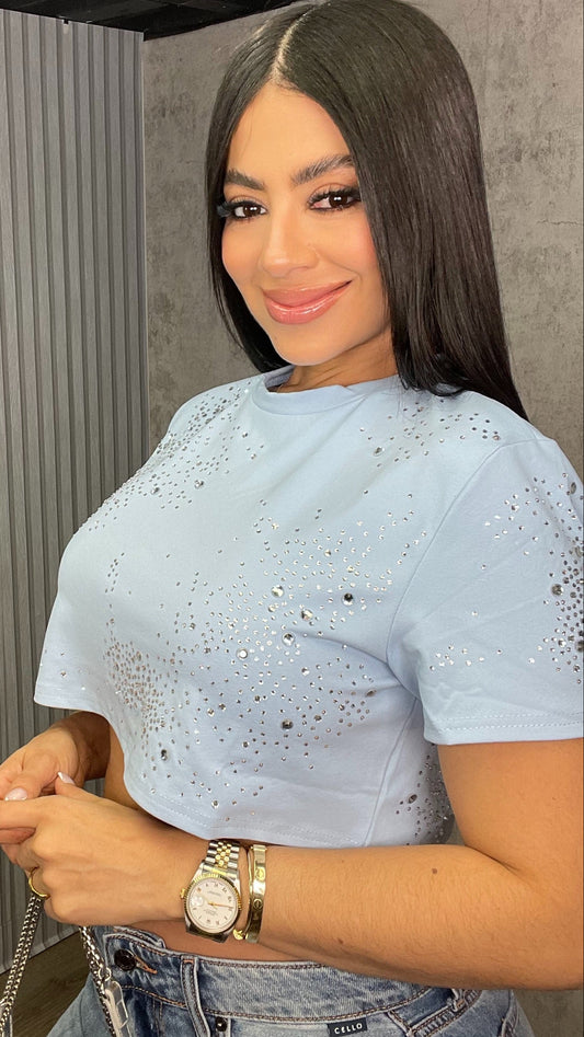 Rhinestone Blue Crop Top