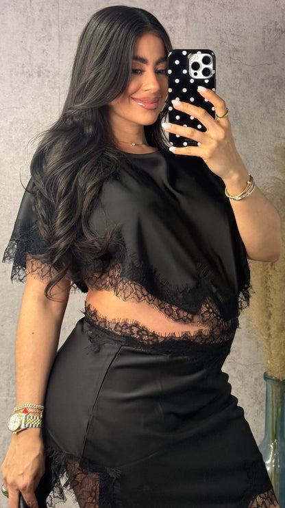 PENELOPE BLACK SATIN AND LACE DRESS