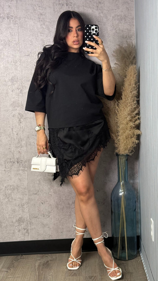 OVER SIZED SHIRT DRESS W LACE BLACK