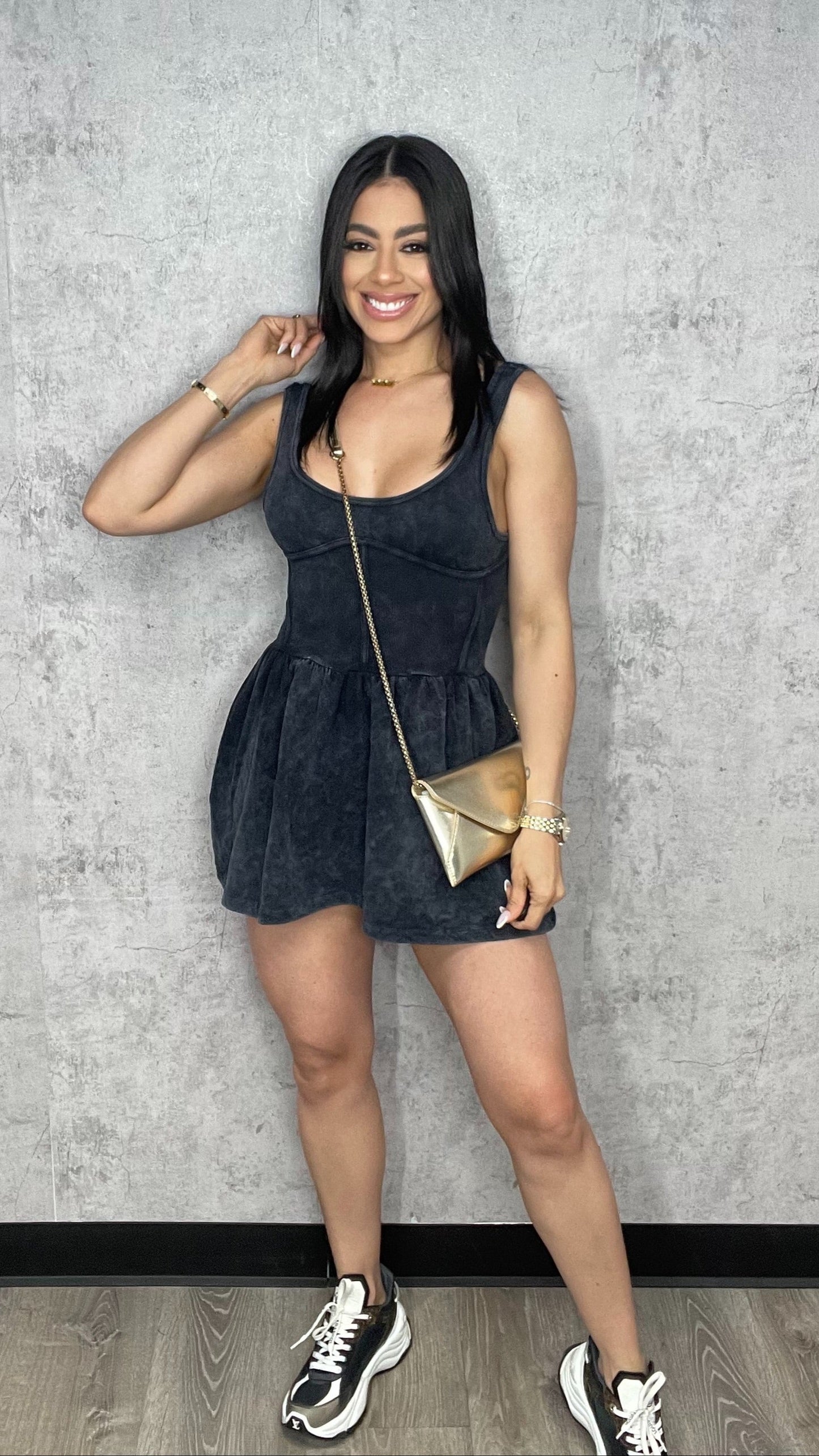 MINERAL WASHED CORSET FIT AND FLARE MINI DRESS