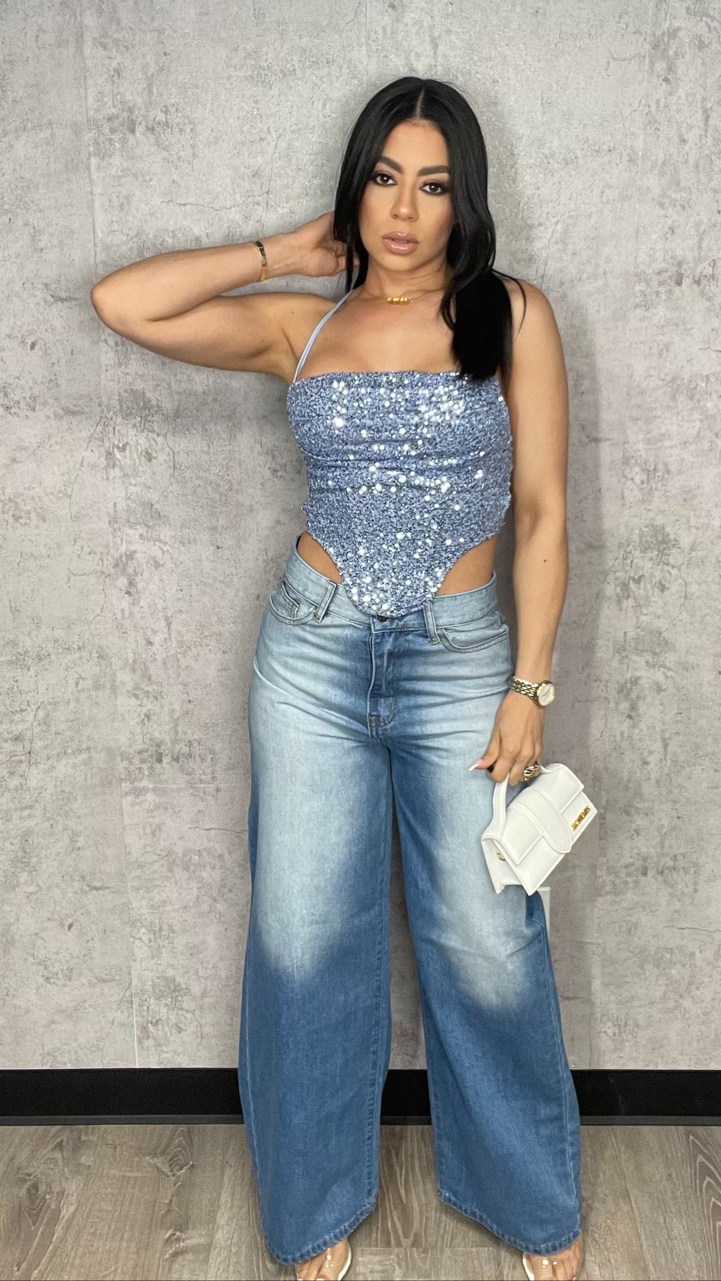 Sequin Blue Open Back Top
