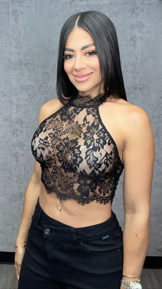 Lace Mock Neck Crop Top Black