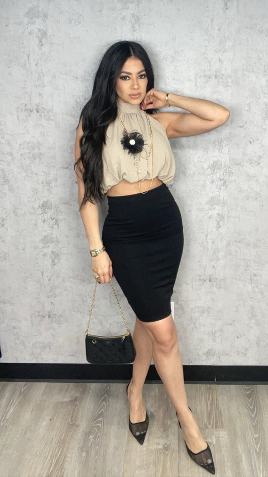 HIGH WAIST STRETCHY MIDI SKIRT BLACK