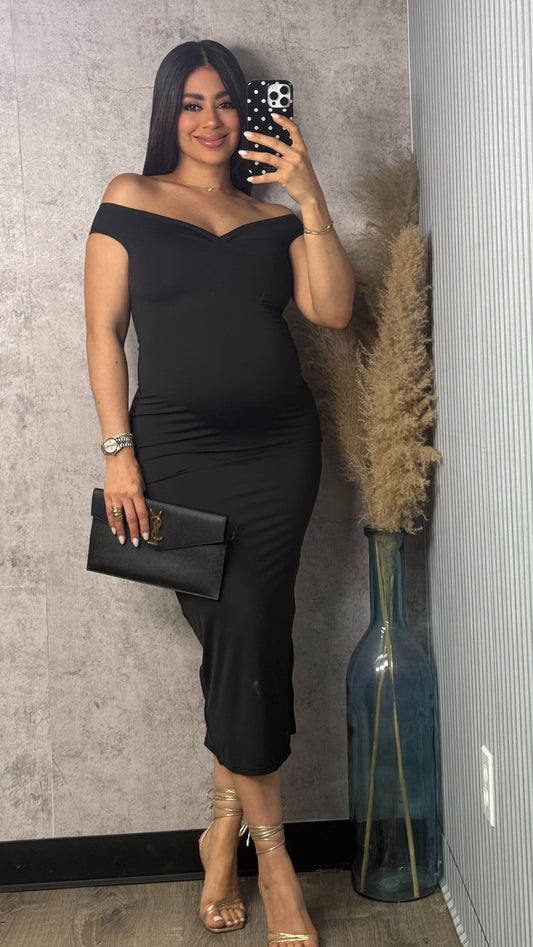 DANNA OFF SHOULDER MIDI DRESS BLACK