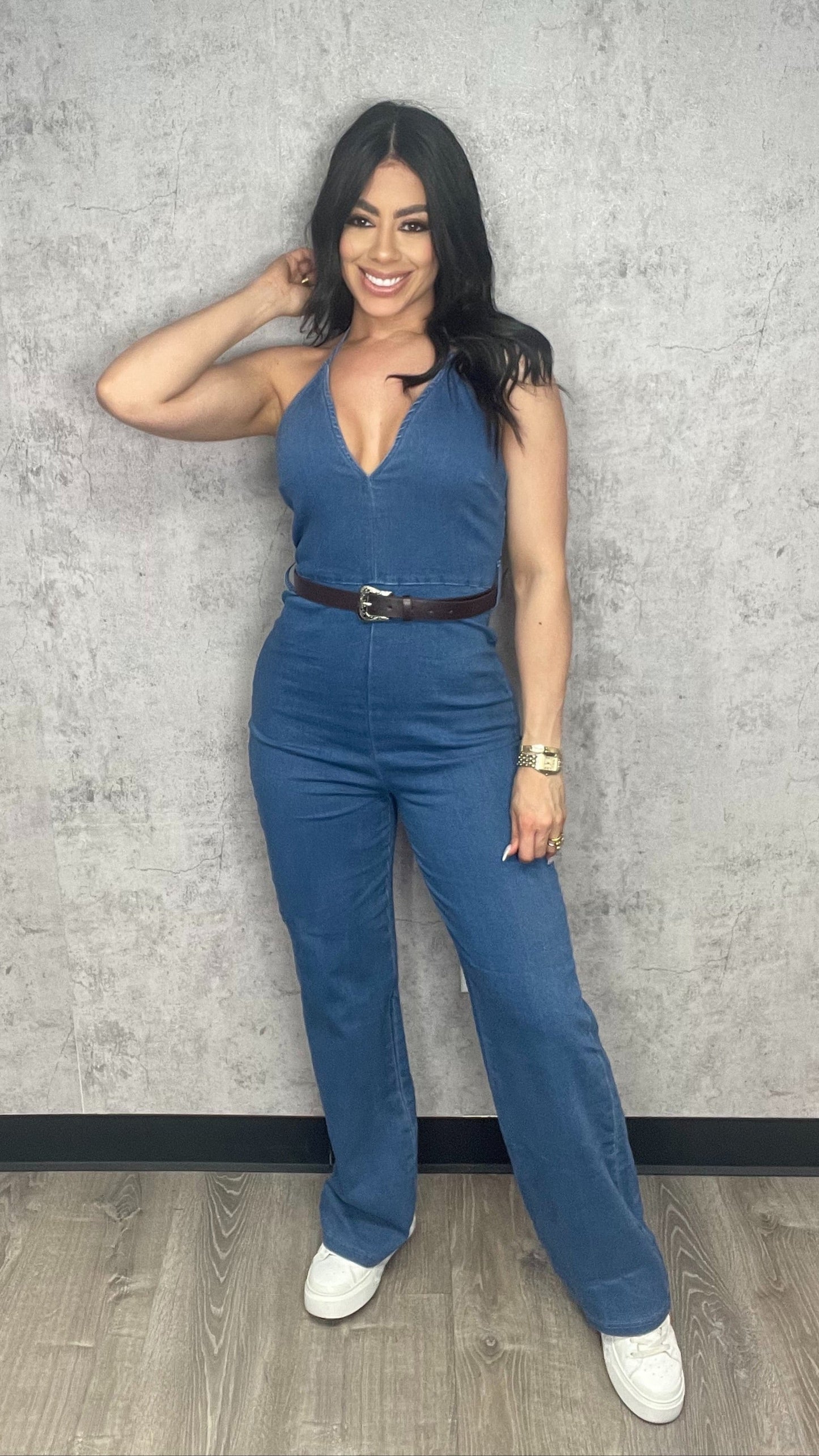Halter Neck Denim Jumpsuit With Belt Set