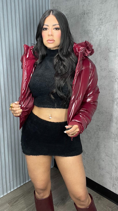 Puffer Coat Fur Hood Burgundy