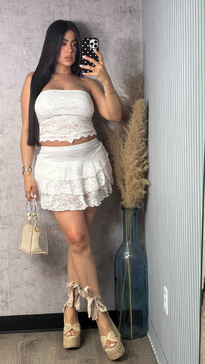 LACE RUFFLE SKORT SET WHITE