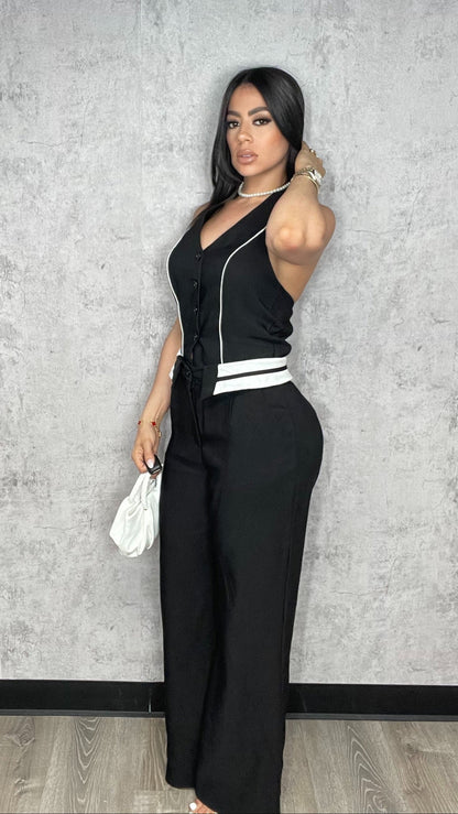 Twill Halter Neck Jumpsuits Black