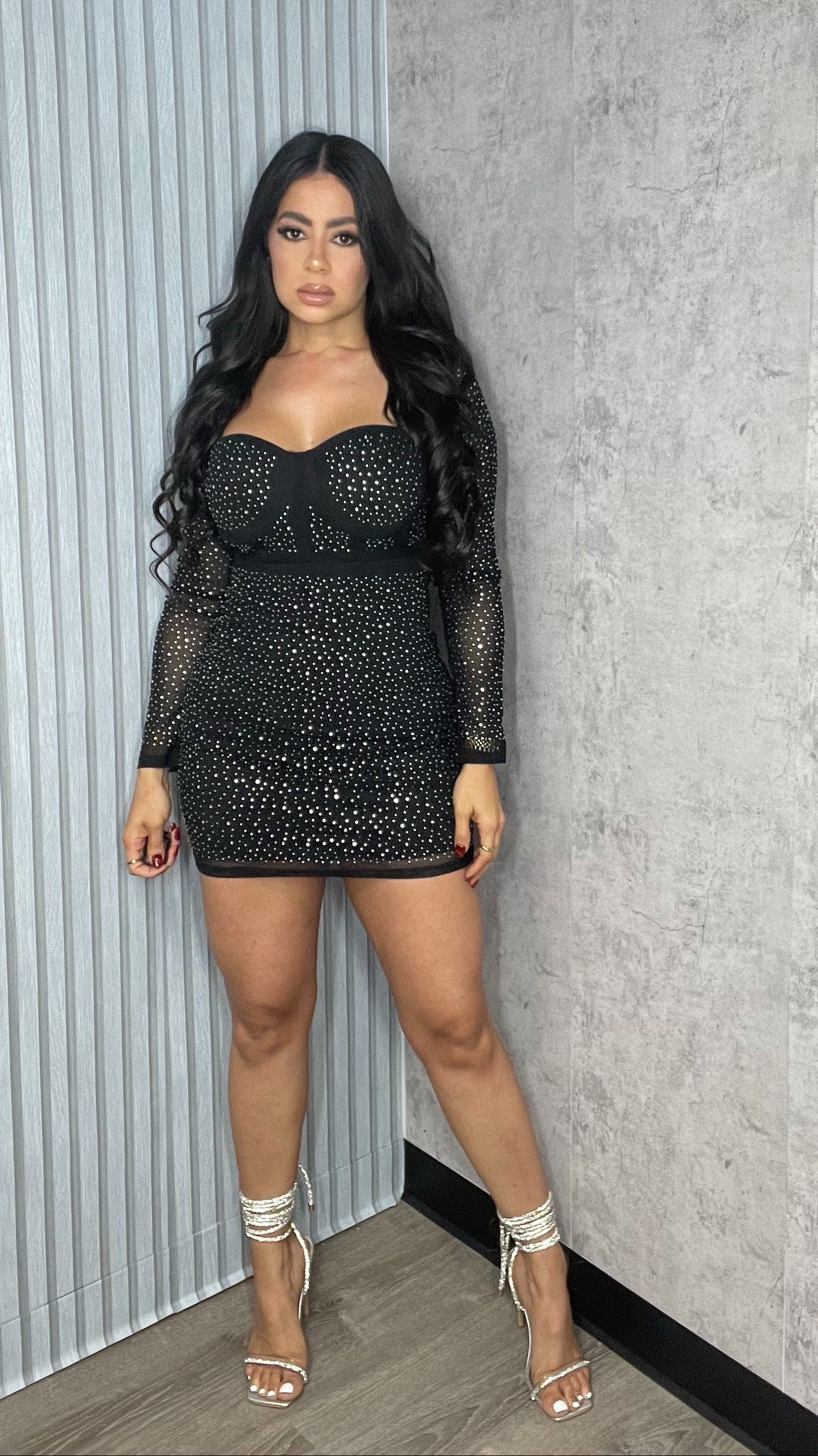 MESH SLEEVE MIDI DRESS BLACK