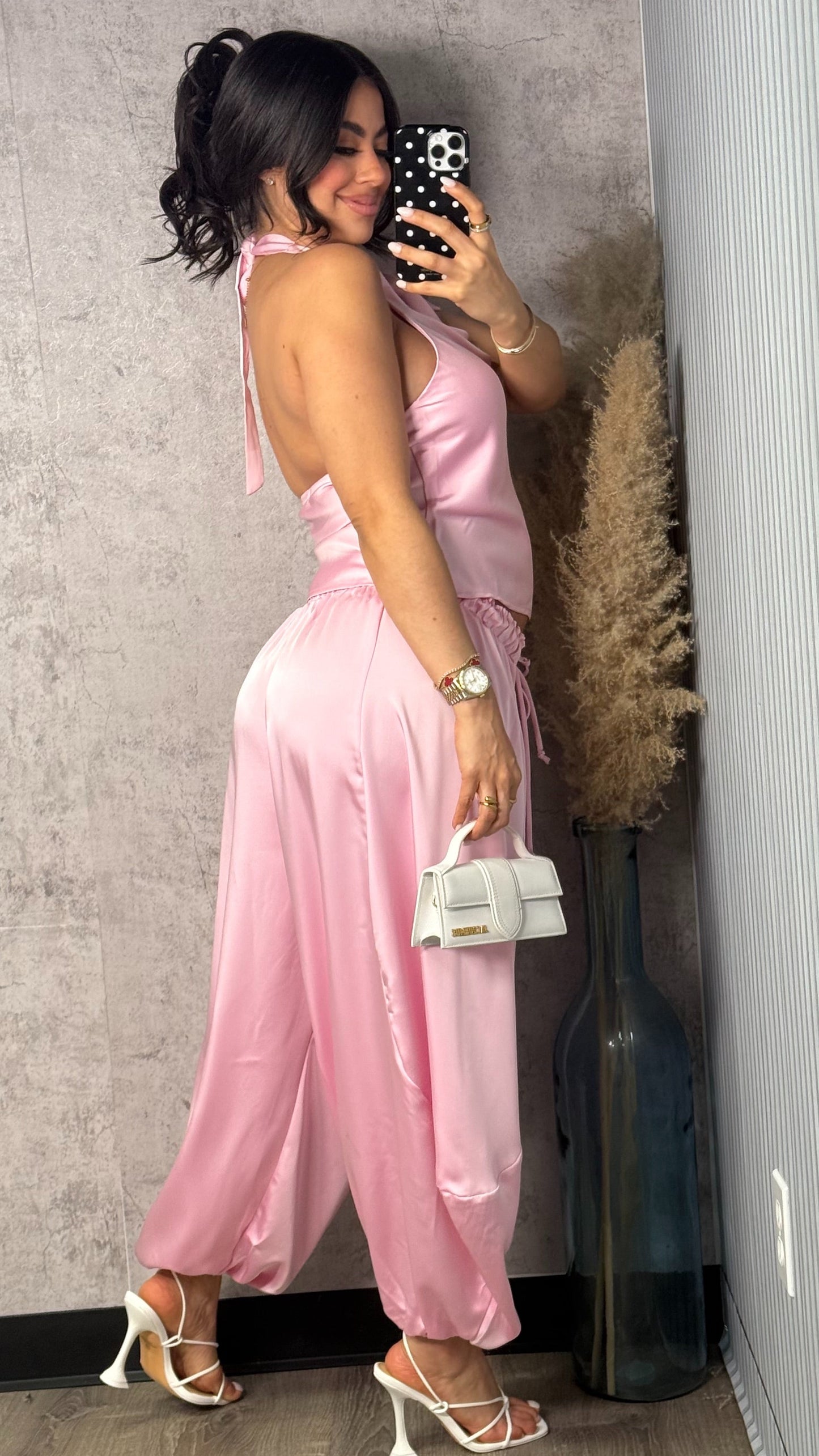 PINK SATIN AND BARRIL PANTS SET