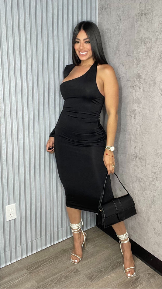 One Sleeve Black Mini Dress