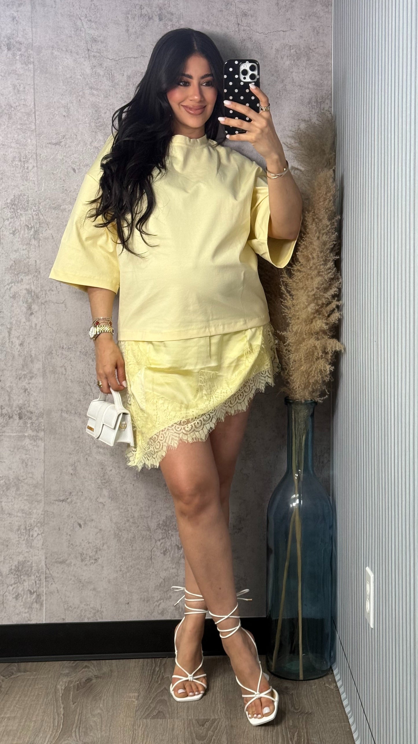 OVER SIZED SHIRT DRESS W LACE BUTTER YELLOW