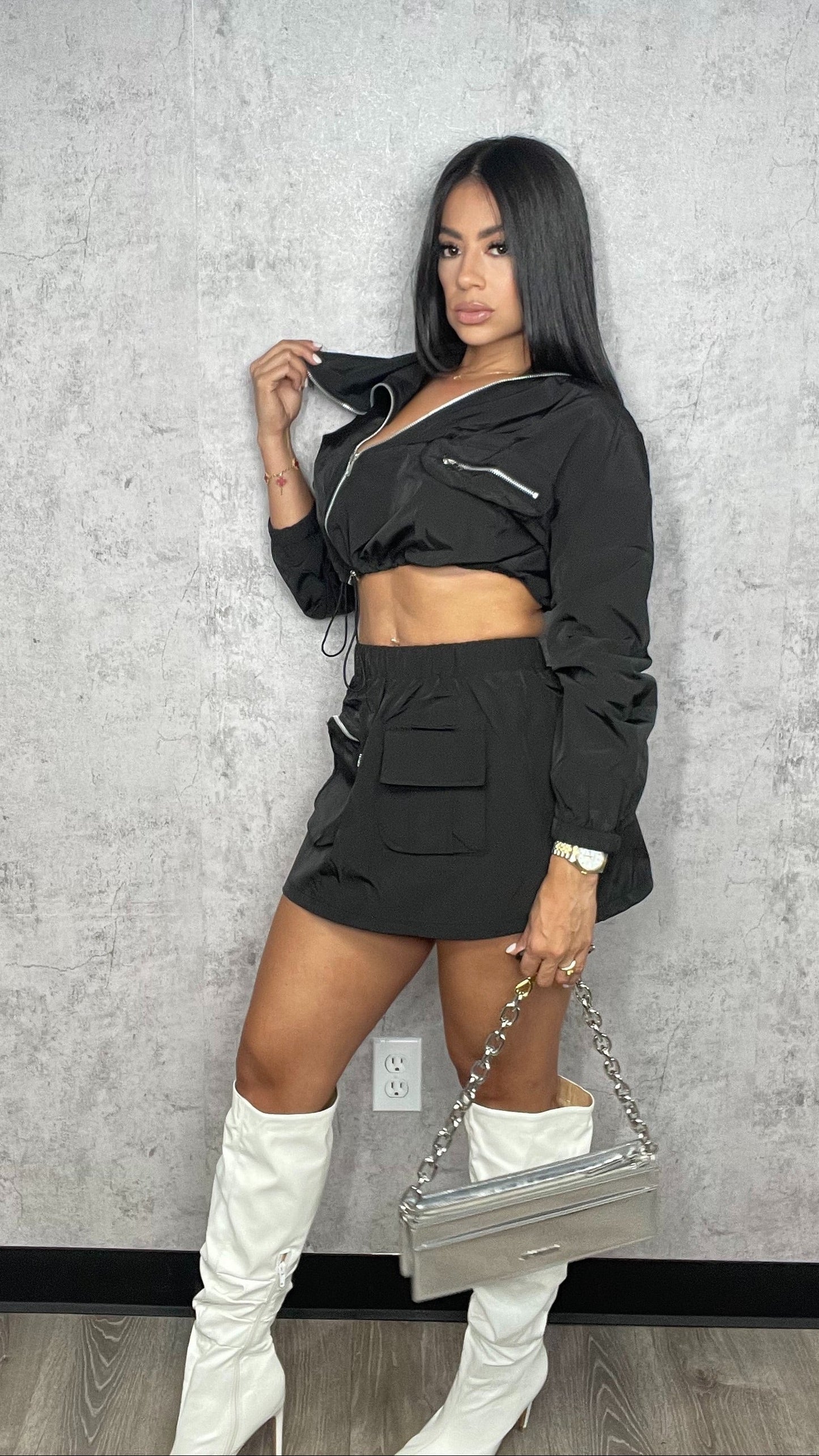Laura ASYMMETRICAL ZIP UP TOP AND CARGO MINI SKIRT SET