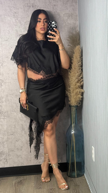 PENELOPE BLACK SATIN AND LACE DRESS