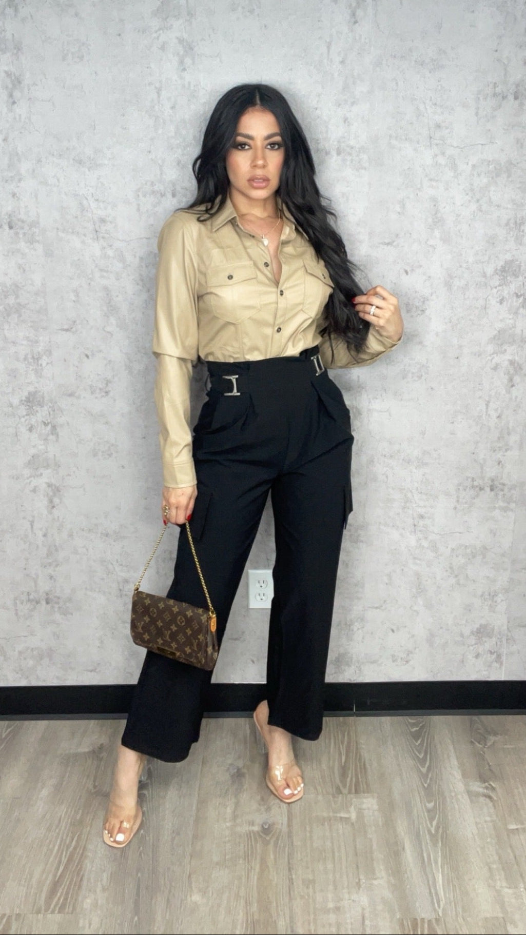 Leather Button Top Taupe