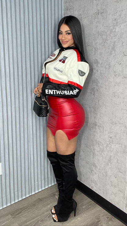 High Waist Red Skirt Leather