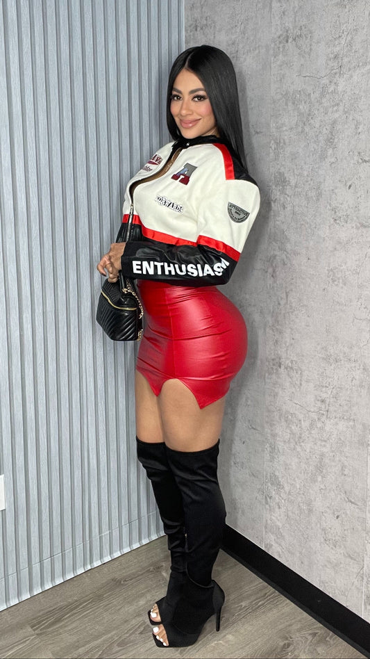 High Waist Red Skirt Leather