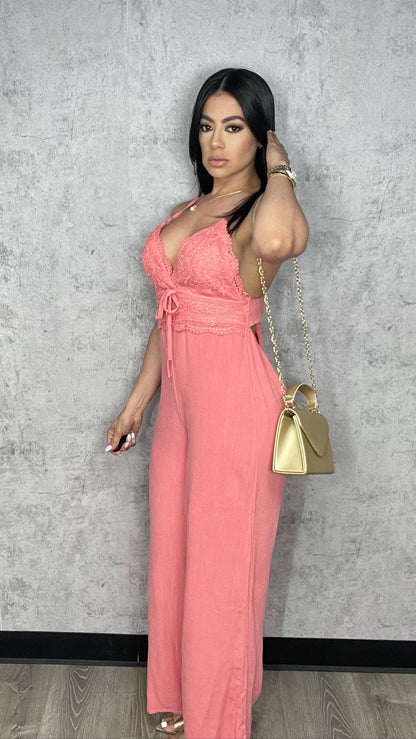 Crochet Busted Wide Leg Linen Jumpsuits Coral