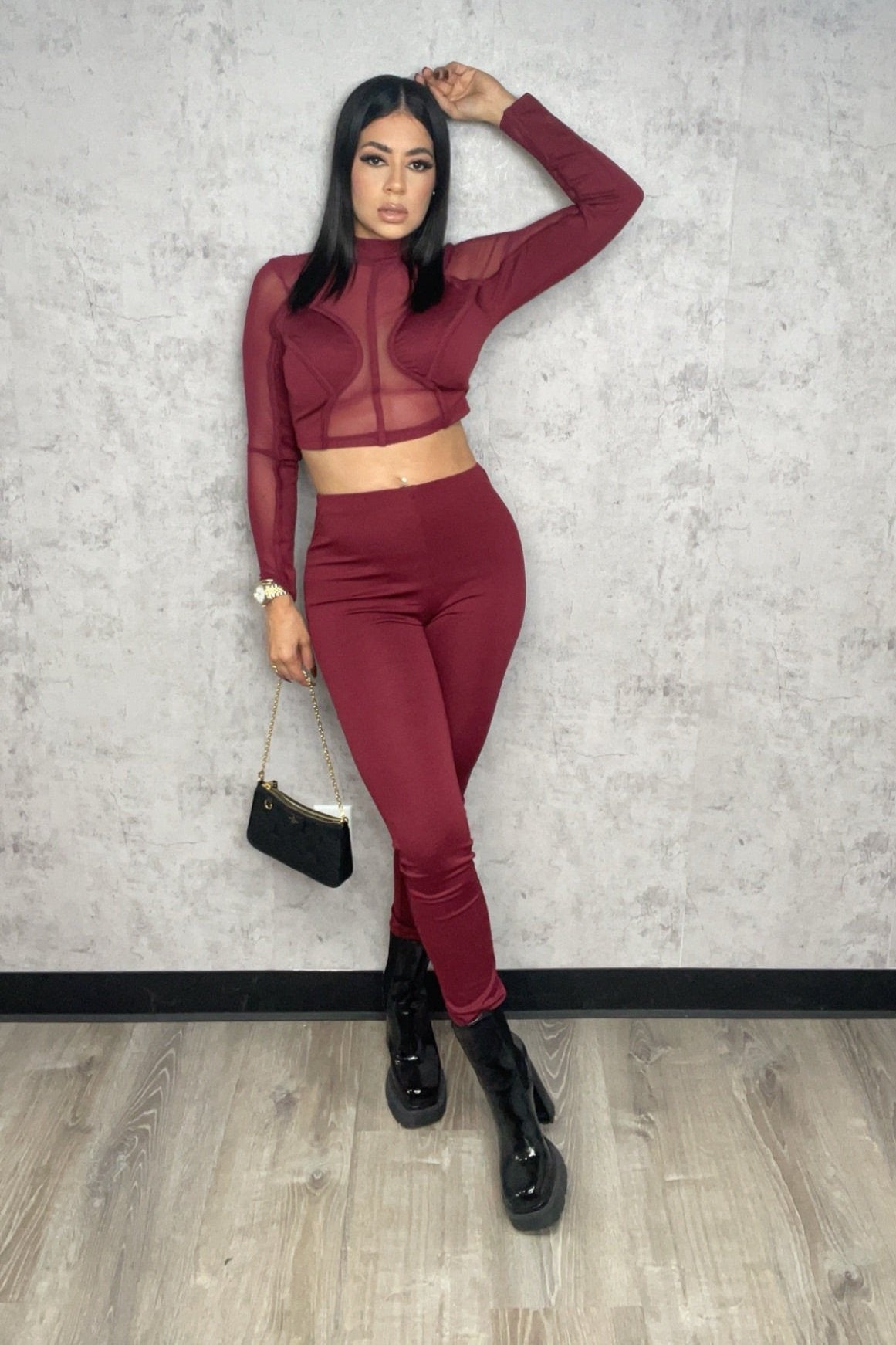 Mesh Burgundy Pants Set