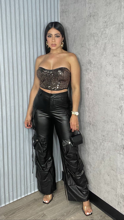Luisa Leather Black Cargo Pants