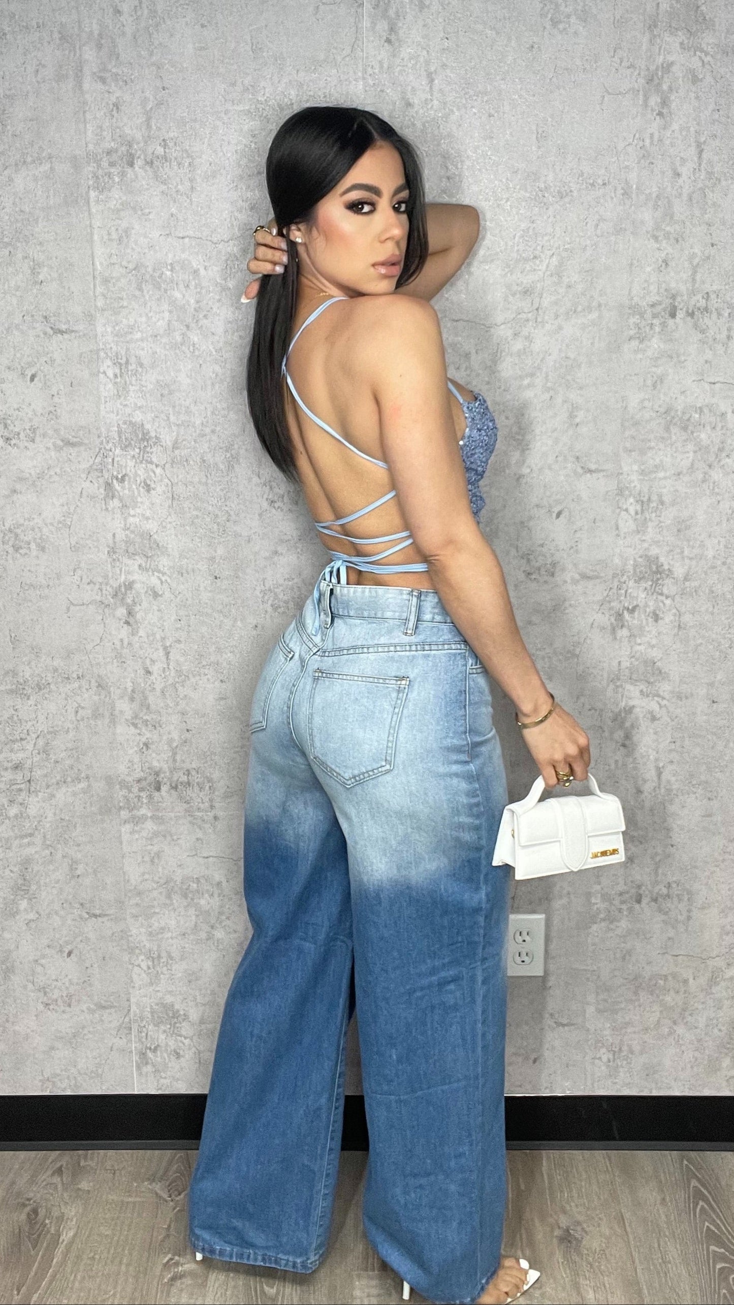 Sequin Blue Open Back Top