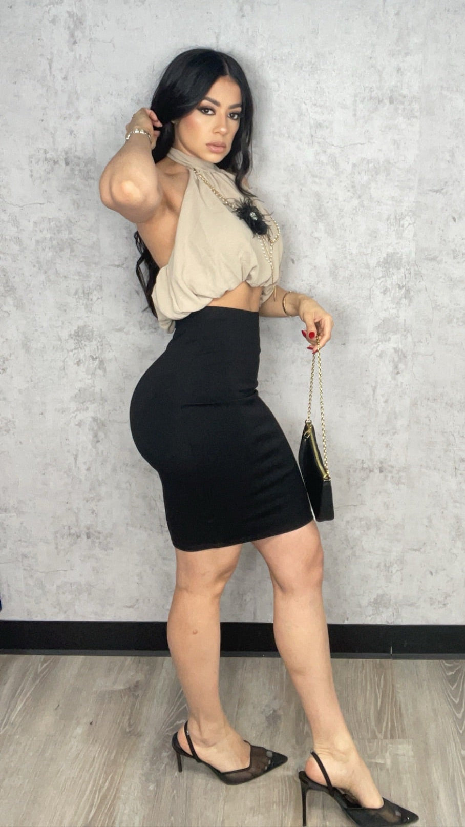 HIGH WAIST STRETCHY MIDI SKIRT BLACK