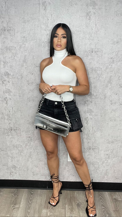 Cargo Pockets Denim Skort Black